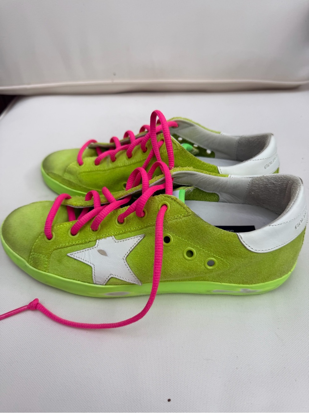 Golden Goose Super Star Lime Green Suede Sneakers with Hot Pink Laces